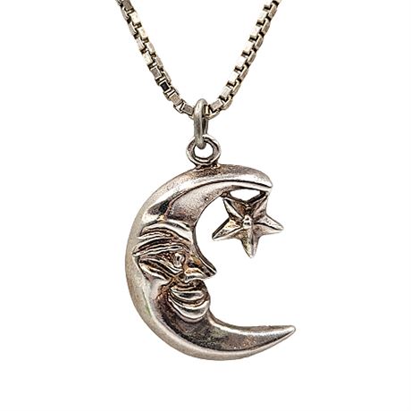 Sterling Silver Moon & Star Pendant Necklace