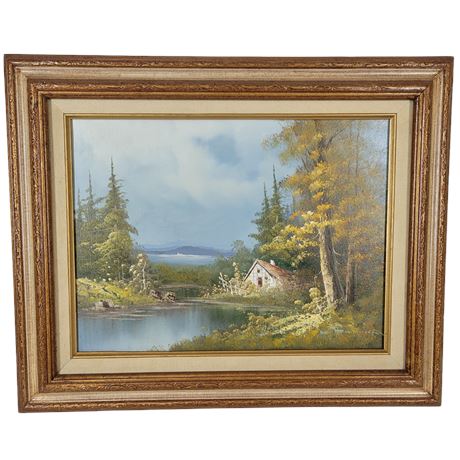 Framed Signed Oil on Canvas Landscape Cabin by the River Painting
