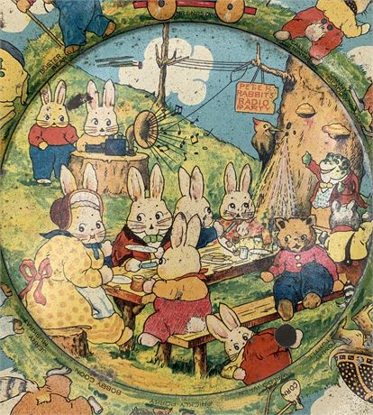 Peter Rabbit’s Radio Party Vintage Tin Litho Storybook Animal Child’s Plate