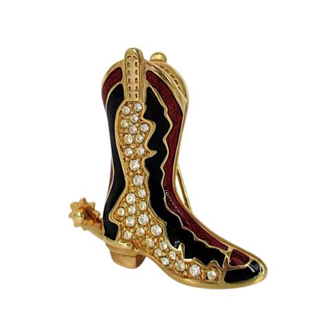 SWAROVSKI Gold Tone COWBOY BOOT Brooch with Crystals Red & Black Enamel in Pouch