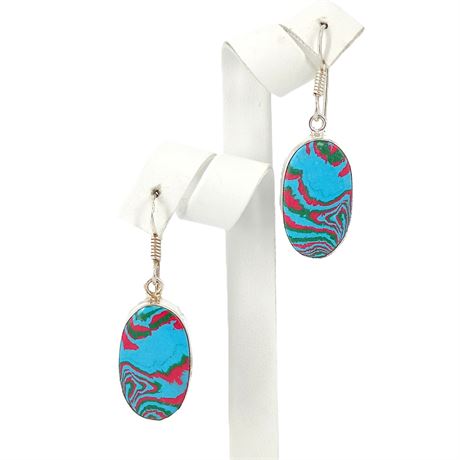 Sterling Silver 925 Mosaic Jasper Dangle Earrings – Oval Cabochon – Multicolor