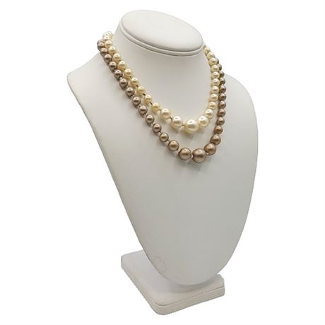 Vintage Mid-Century 2-Strand Ivory/Taupe Faux Pearl Statement Necklace