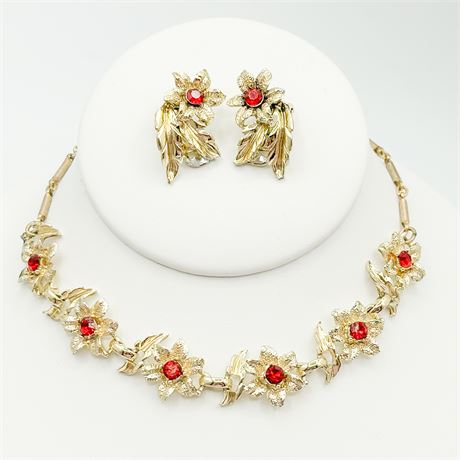 Vintage Gold Tone & Red Rhinestone Floral Earring & Necklace Set