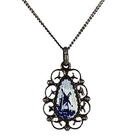 Sterling Necklace with Delft Blue Windmill & Sterling Pendant