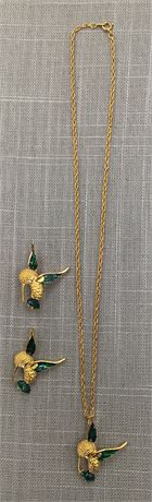 Lovely 3 pc Enameled Hummingbird Necklace & Brooch