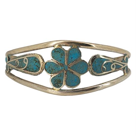Vintage Alpaca Silver Crushed Turquoise Cuff Bracelet