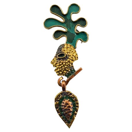 Vintage CASA DE MAYA Brass/Copper/Enamel Face Brooch