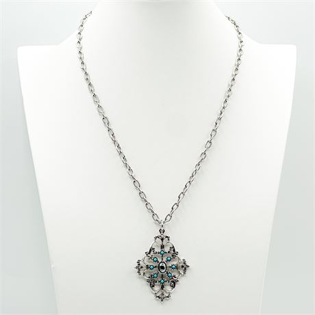 Vintage Silver Tone & Faux Turquoise Pendant Necklace