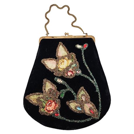 50s Jolles Original Black Velvet Handbag w/ Needlepoint Flowers & Beaded Details