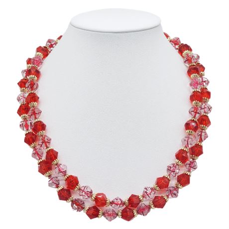 Vintage Two-Strand Chunky Red & Clear Faceted Bead Necklace