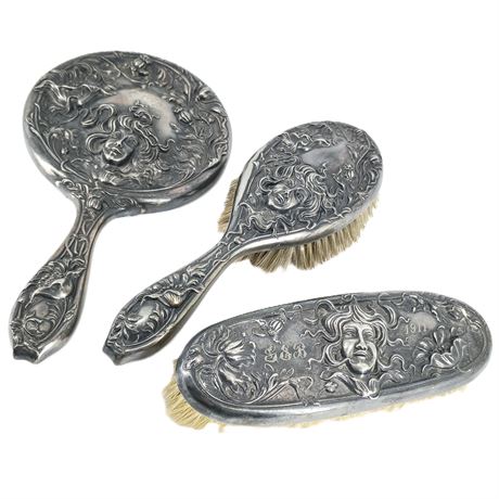 1911 Art Nouveau Vanity Set – Repoussé Silver Plate Mirror, Brush, Clothes Brush