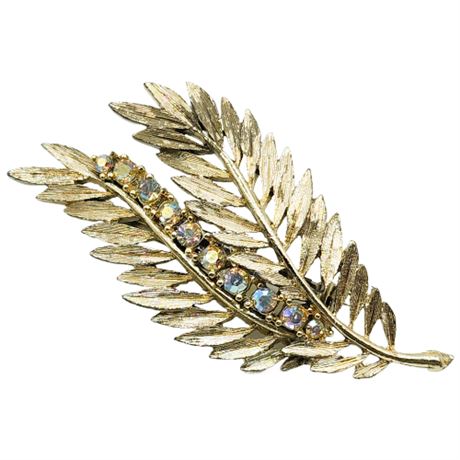 Vintage Aurora Borealis Rhinestone Leaves Brooch