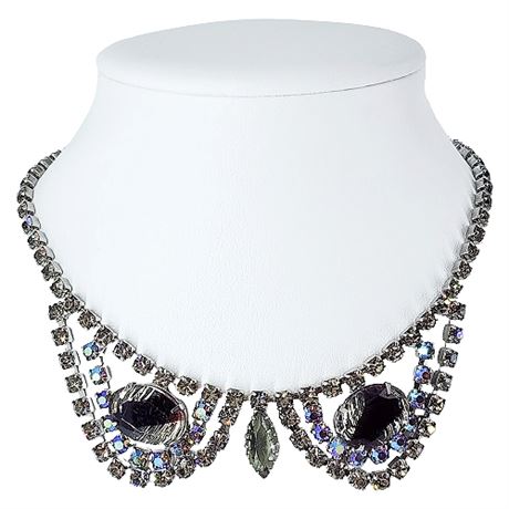Vintage Aurora Borealis & Art Glass Rhinestone Owl/Collar Necklace
