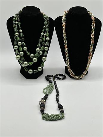 3 Vintage Green and Black Necklaces