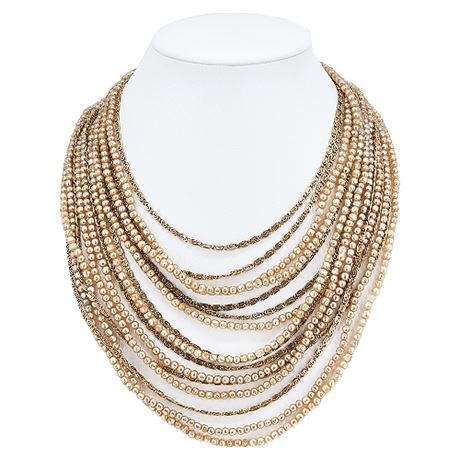 Vintage Multi Strand Textured Faux Pearl & Gold Tone Snail Chain Necklace