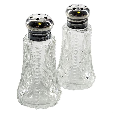 Vintage Sterling Silver Tops Mini Glass Salt & Pepper Shakers