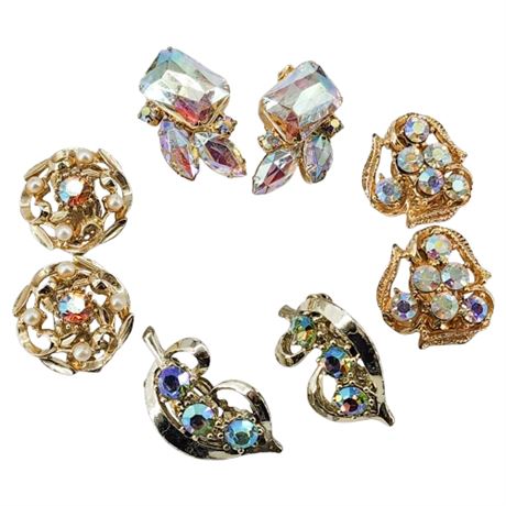 Four Pairs Vintage Gold Tone Aurora Borealis Rhinestone Clip Earrings