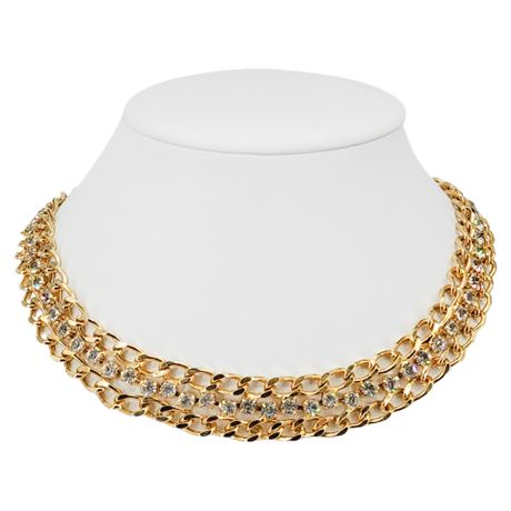 Vintage Gold Tone Curb Chain & Rhinestone Choker Necklace