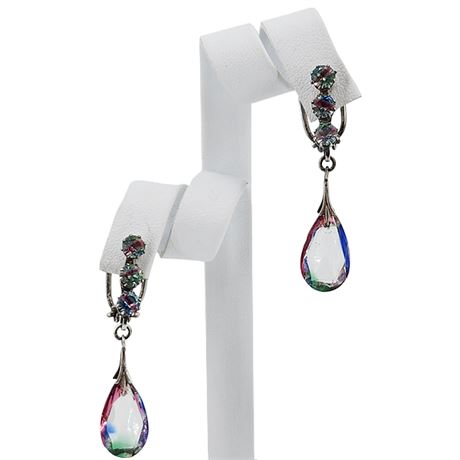 Vtg 800 Silver Iris Glass Rhinestone & Drop Clip Earrings, Flawed
