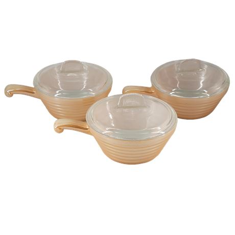 Fire King Peach Luster Beehive Ovenware Handled Soup Bowls w/ Lids - Set of 3