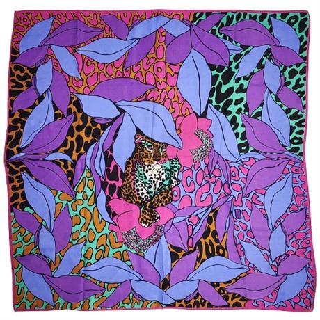 Vintage HONEY Leopard Print Jewel Tone Silk Scarf