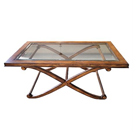 Contemporary Traditional Curved X-Base Glass Top Coffee Table