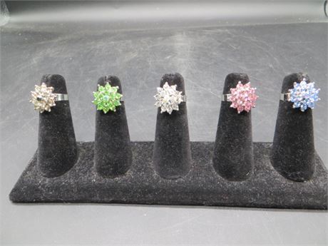 5 Glittery Fancy Rhinestone Stars Jewelry Rings