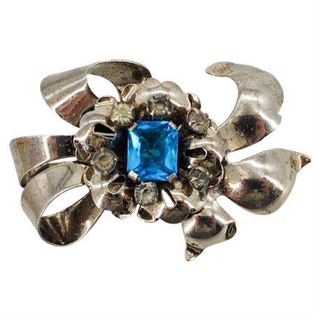Vtg Prong Set Rhinestone Flower & Ribbon Brooch