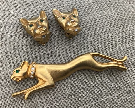 Jackie Collins 3 pc Sleek Satin Cat Brooch & Earrings Set