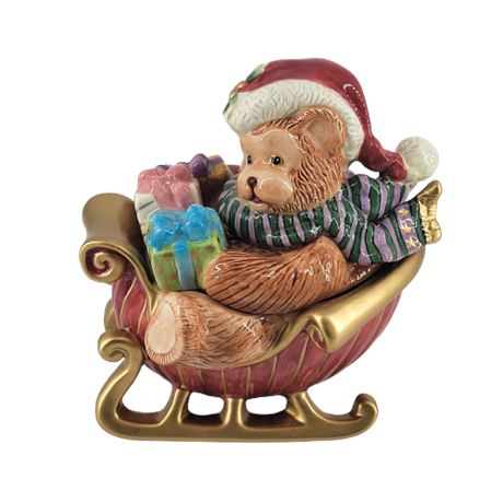 Fitz & Floyd Classics Teddy Bear in Sleigh with Santa Hat & Presents