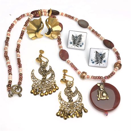 Vintage Genuine Stone Beaded Necklace w Complimenting Copper Enameled Earrings