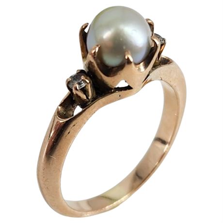 Vintage 14K Rose Gold Genuine Pearl Ring, Sz 7