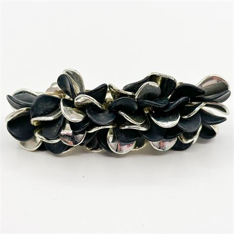 Vintage Silver Tone & Black Leather Hair Barrette