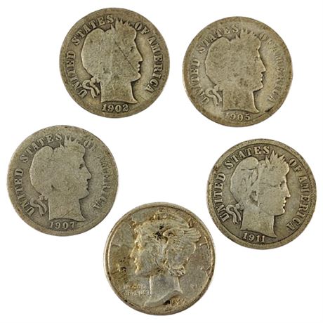1902, 1905, 1907, & 1911-D Barber Dimes, and 1927 Mercury Dime
