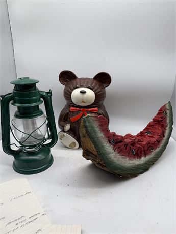1970's Otagirl Bear Cookie Jar, Wood Watermelon & Battery Lantern