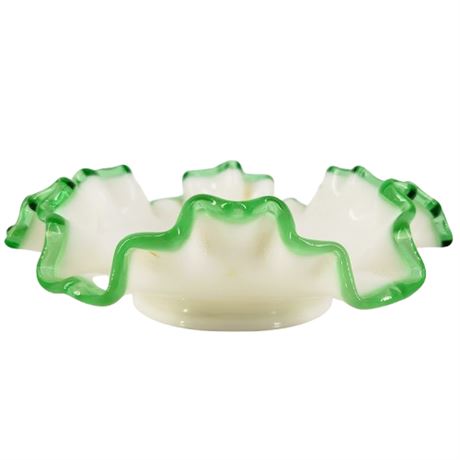 Vintage Fenton Glass Emerald Crest Green Ruffle Edge Milk Glass Candy Dish