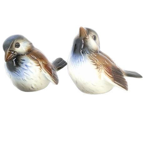 Goebel Porcelain Bird Figurine Pair, Brown Gray Glossy, German Vintage, Sparrows
