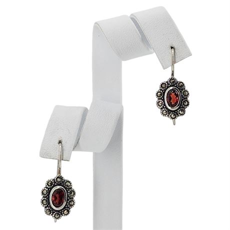 Vtg Sterling Silver Marcasite & Garnet Earrings