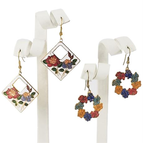 Two Pairs Vintage Cloisonné Floral Earrings