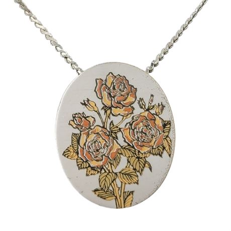 Vintage REED & BARTON Damascene Roses Pendant Necklace