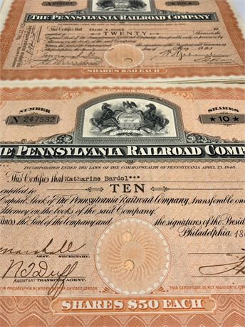 43 1920s Pennsylvania Railroad Company Stock Certificates