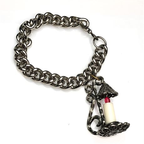 Vintage Heavy Silver Plate Bracelet w/ Candle Lantern Charm