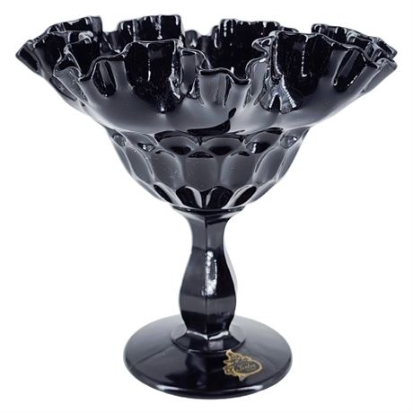 Vintage FENTON Thumbprint Black Amethyst Double Crimped Compote