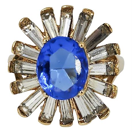 Vintage Clear & Blue Rhinestone Sunburst Cocktail Ring, Sz 7.5