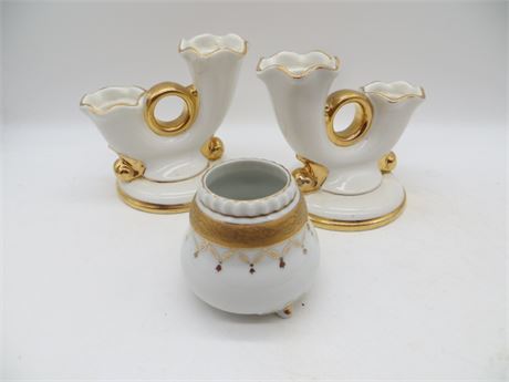 Pr. of Abingdon Double Candlesticks Empire Footed White & Gold & Pottery Vase