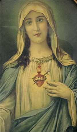 Lovely Old Catholic Bleeding Heart Madonna Religious Framed Art in Period Frame