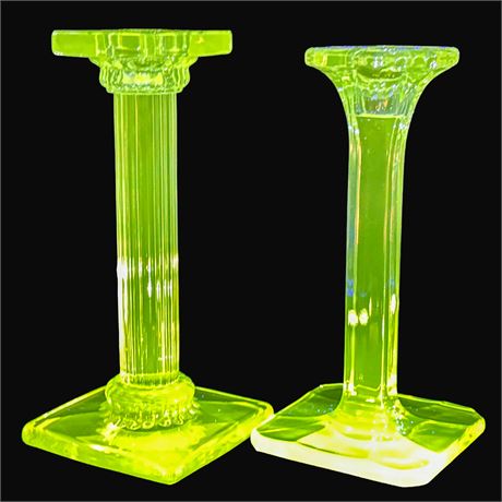Two Vintage Fostoria Manganese Glass Candlestick Holders