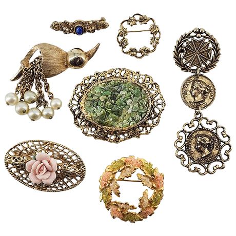 Seven Vintage Gold Tone Fancy Brooches