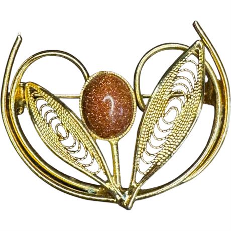Cabochon Goldstone & Gold-Tone Brooch