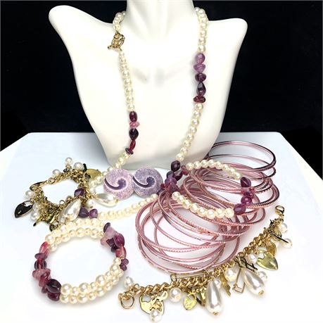 Faux Pearl Pinks & Purples Beaded Jewelry Lot w Pink Metal Bangles